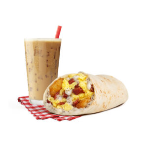 big breakfast burrito with coffee