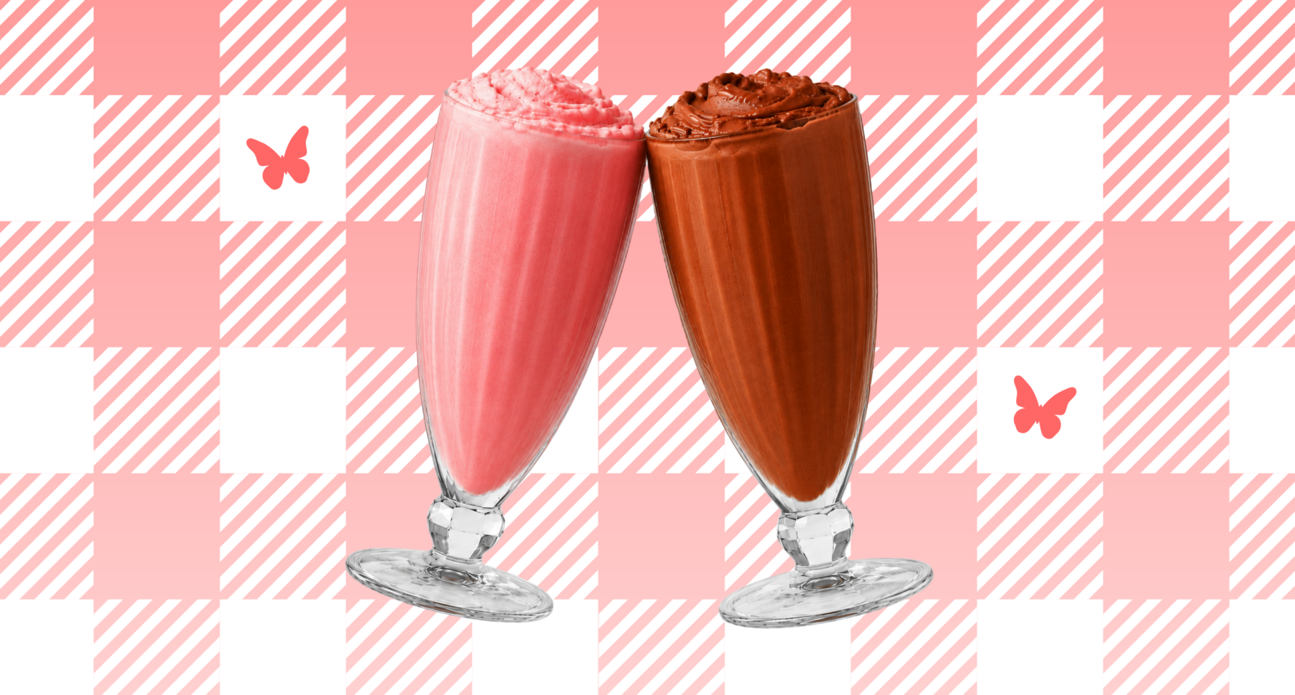 Two Jack’s milkshakes, one strawberry and one chocolate, clinking together against a pink and white checkered background with butterfly accents.
